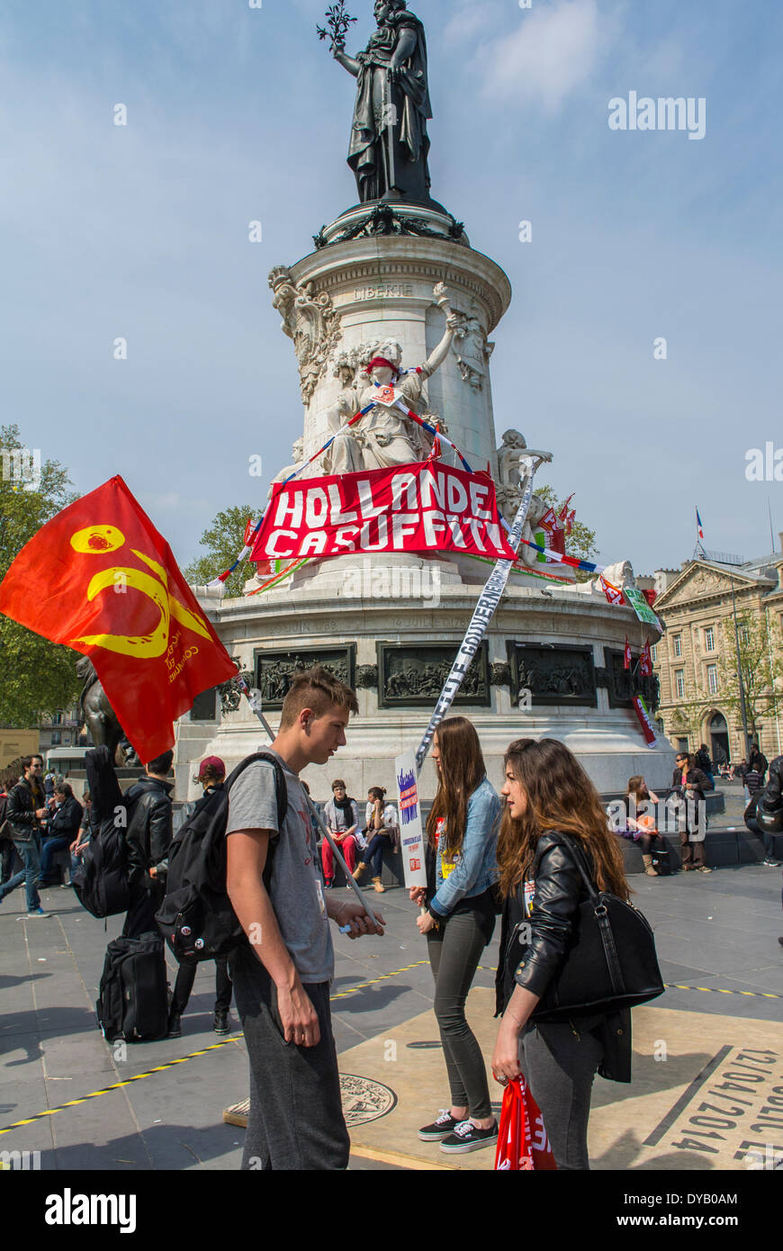 Paris, France, French Political Left Demonstration Against Economic Austerity by the Socialist Government, Front de Gauche, French Communist Party, boy teens talking, Teenagers on Street, Stock Photo