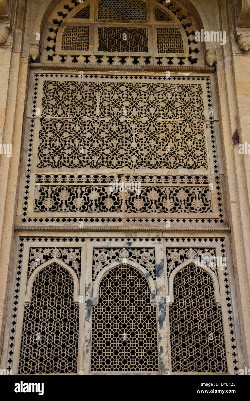 Tomb of Mohammed Ghaus,Intricate Jali Screens,Stone Latticework,and Tansen famous singer,Gwalior,Madhya Pradesh,Central India Stock Photo