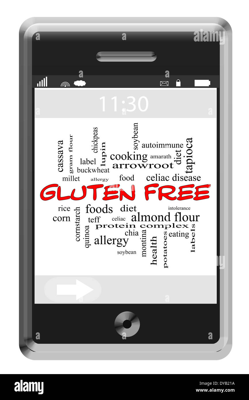 Gluten Free Word Cloud Concept on a Touchscreen Phone with great terms such as food, allergy, diet and more. Stock Photo