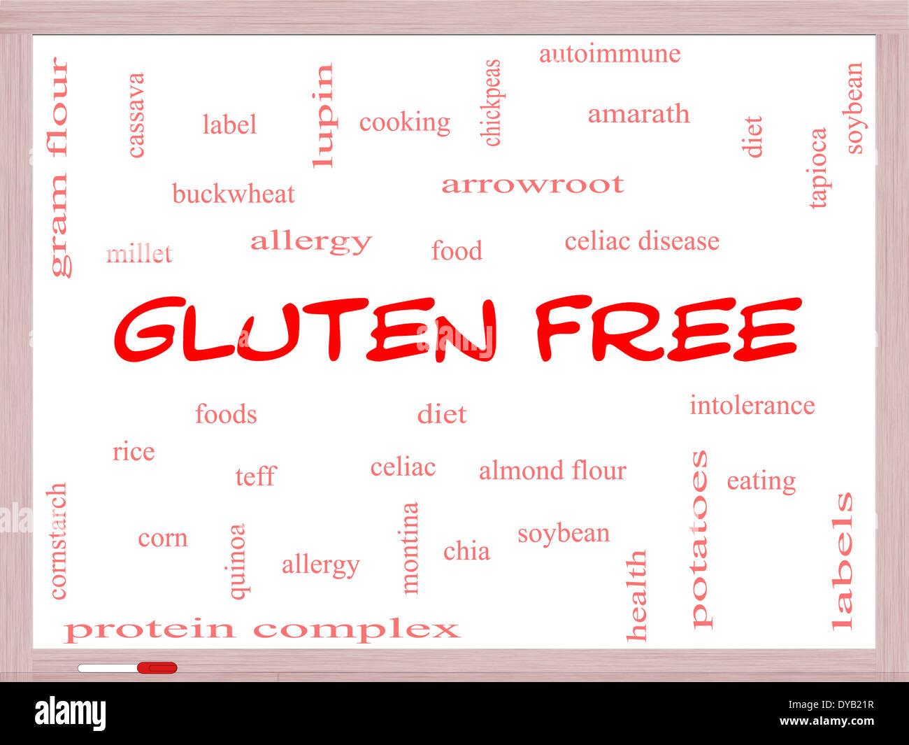 Gluten Free Word Cloud Concept on a Whiteboard with great terms such as food, allergy, diet and more. Stock Photo