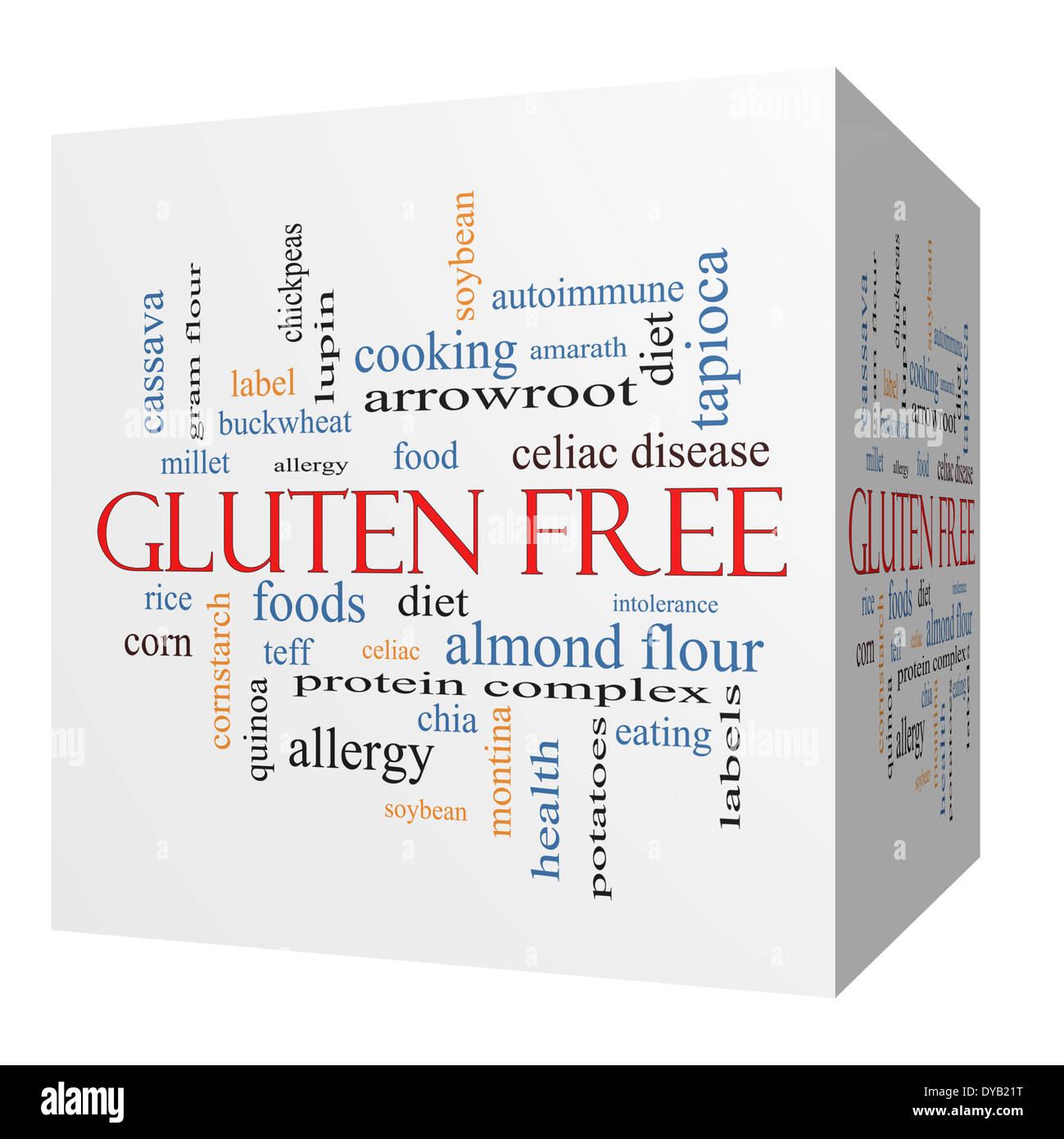 Gluten Free 3D cube Word Cloud Concept with great terms such as food, allergy, diet and more. Stock Photo