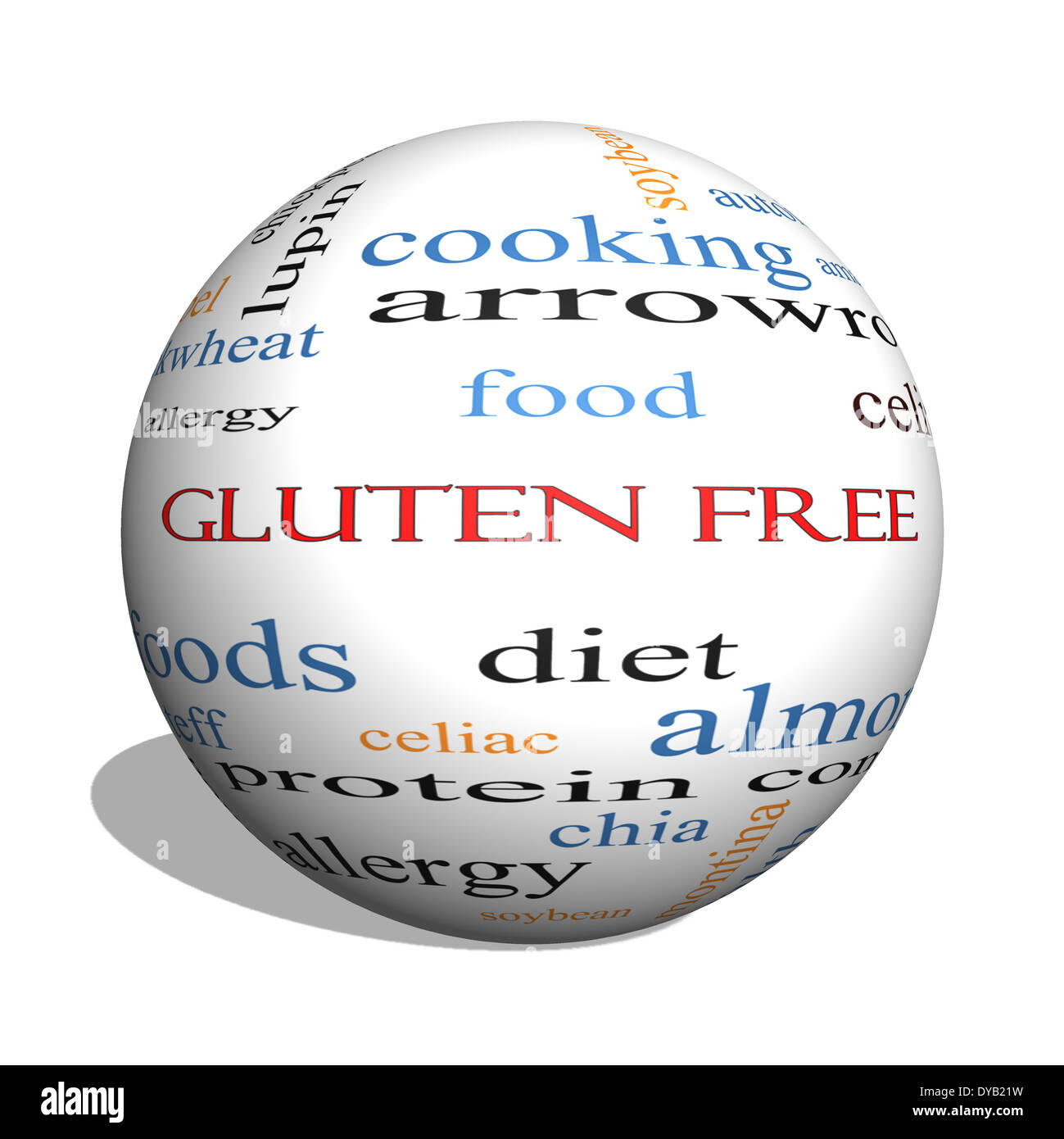 Gluten Free 3D sphere Word Cloud Concept with great terms such as food, allergy, diet and more. Stock Photo