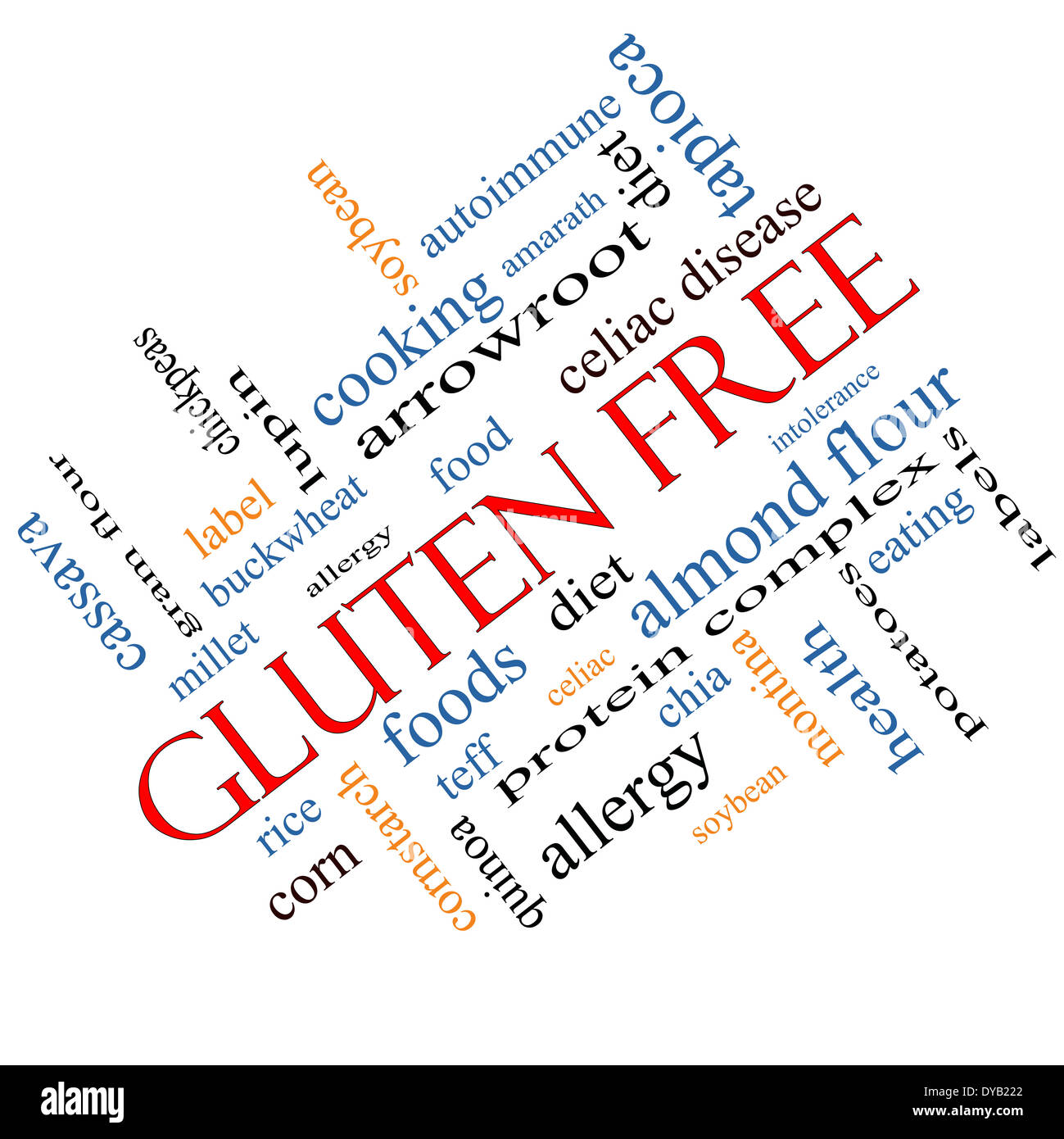 Gluten Free Word Cloud Concept angled with great terms such as food, allergy, diet and more. Stock Photo