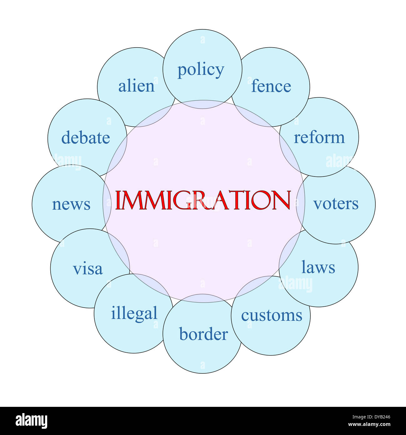 Immigration concept circular diagram in pink and blue with great terms such as fence, reform, voters and more. Stock Photo