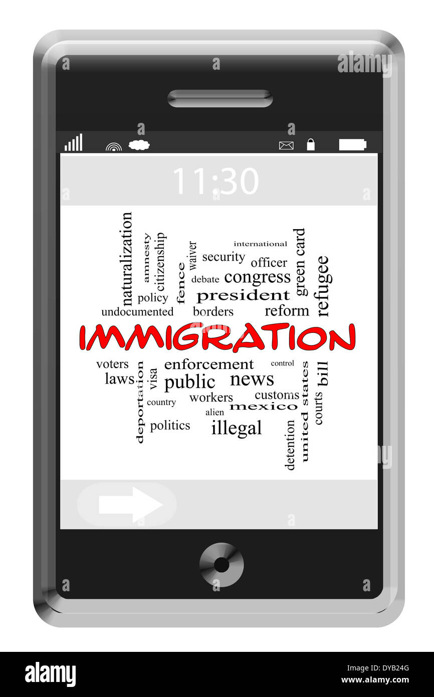 Immigration Word Cloud Concept on a Touchscreen Phone with great terms such as border, security, alien and more. Stock Photo