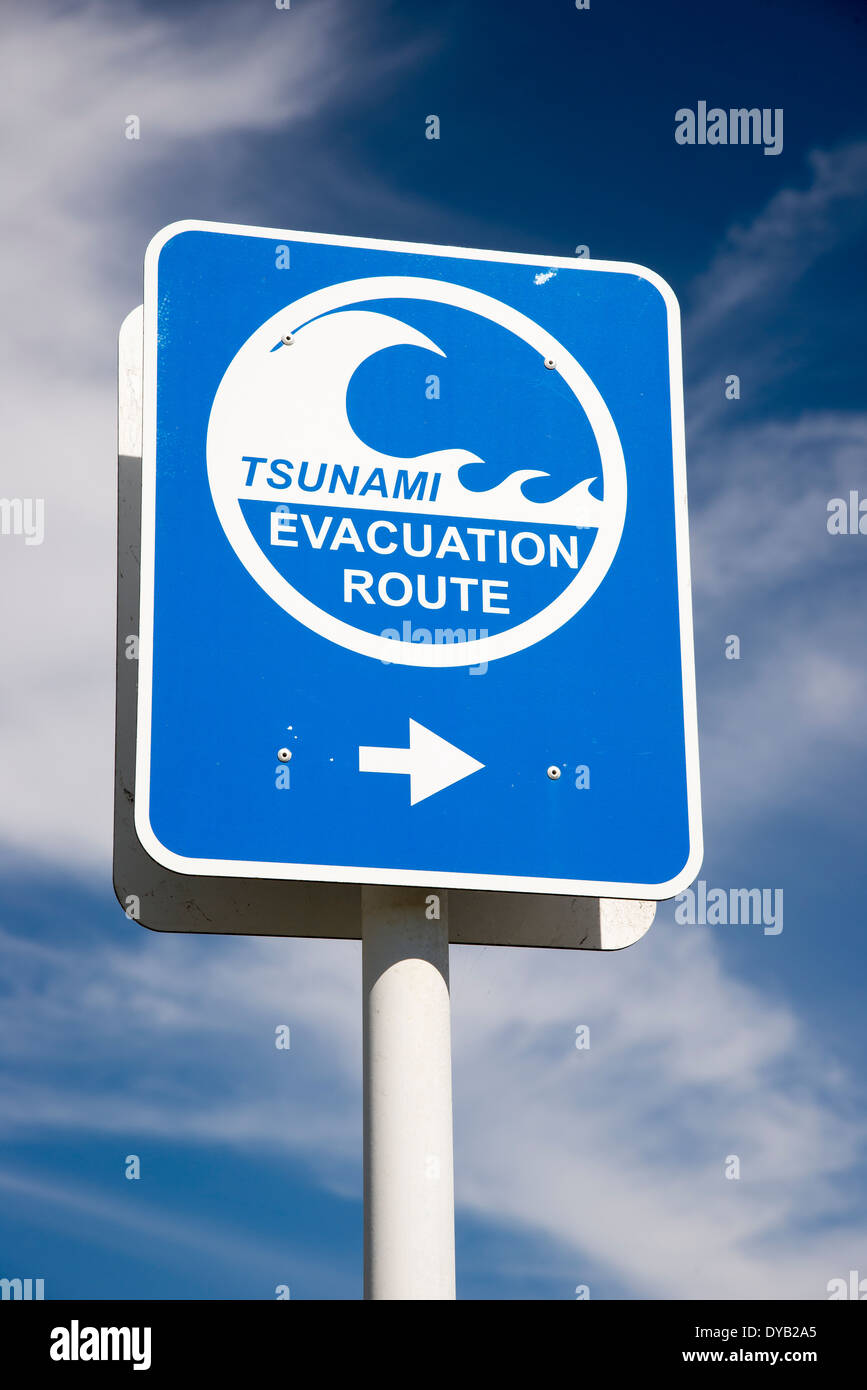 Tsunami flood evacuation route roadside sign in Napier on the North Island New Zealand Stock Photo