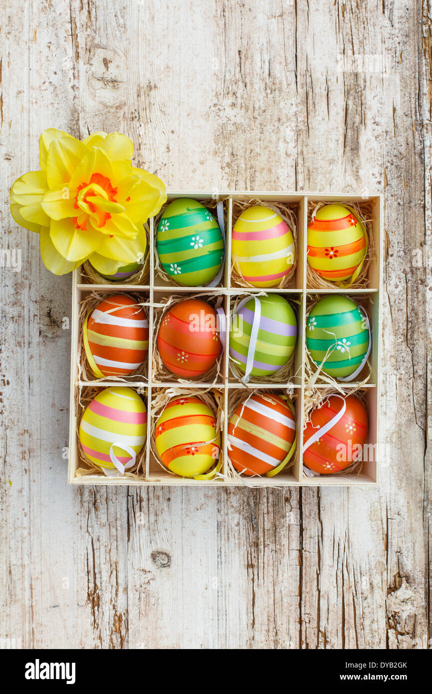 Colored eggs in a box with daffodil Stock Photo