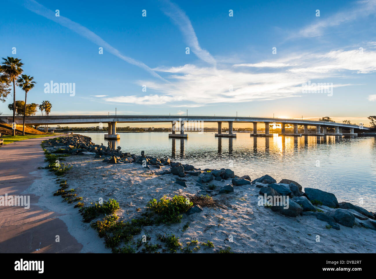 West Mission Bay Drive Bridge at sunrise. Mission Bay Park, San Diego, California, United States. Stock Photo