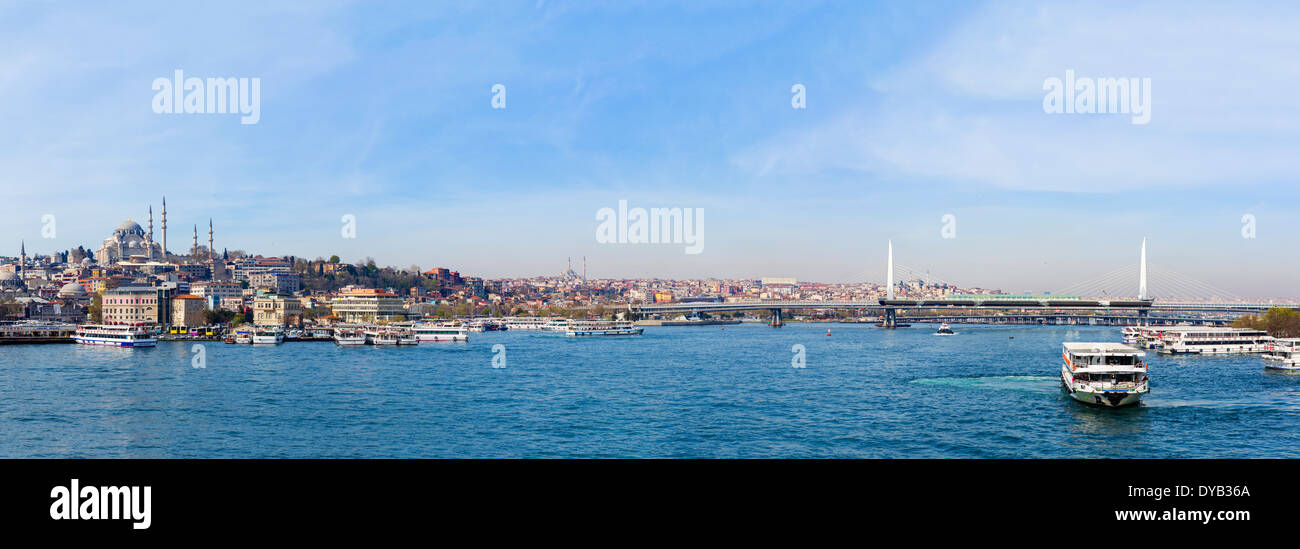 Panoramic view of the Golden Horn from the Galata Bridge looking towards the Ataturk Bridge, Istanbul, Turkey Stock Photo