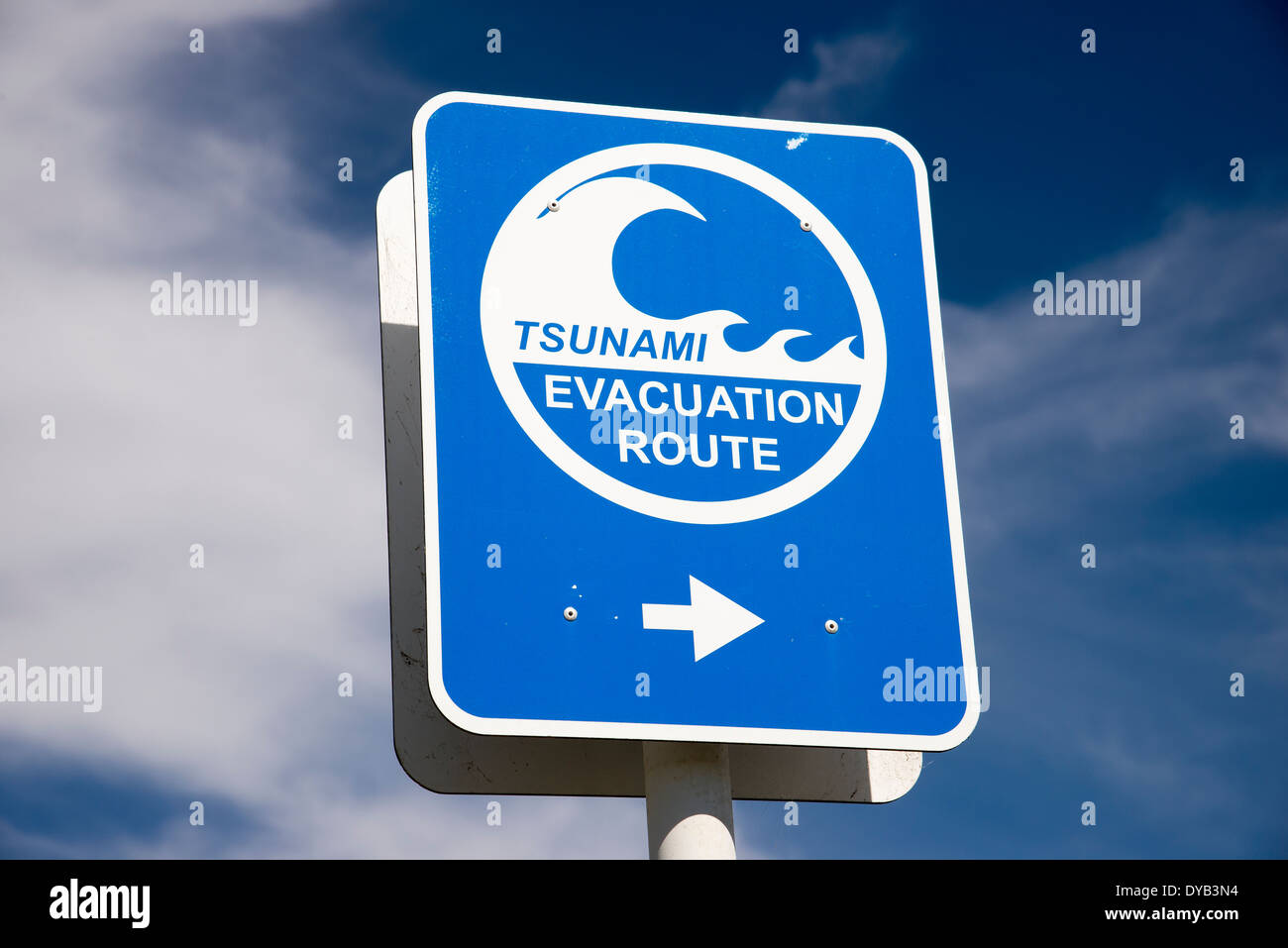 Tsunami flood evacuation route roadside sign in Napier on the North Island New Zealand Stock Photo