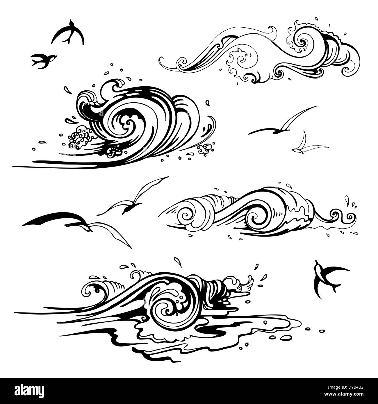 Sea waves set. Hand drawn vector illustration. Stock Photo