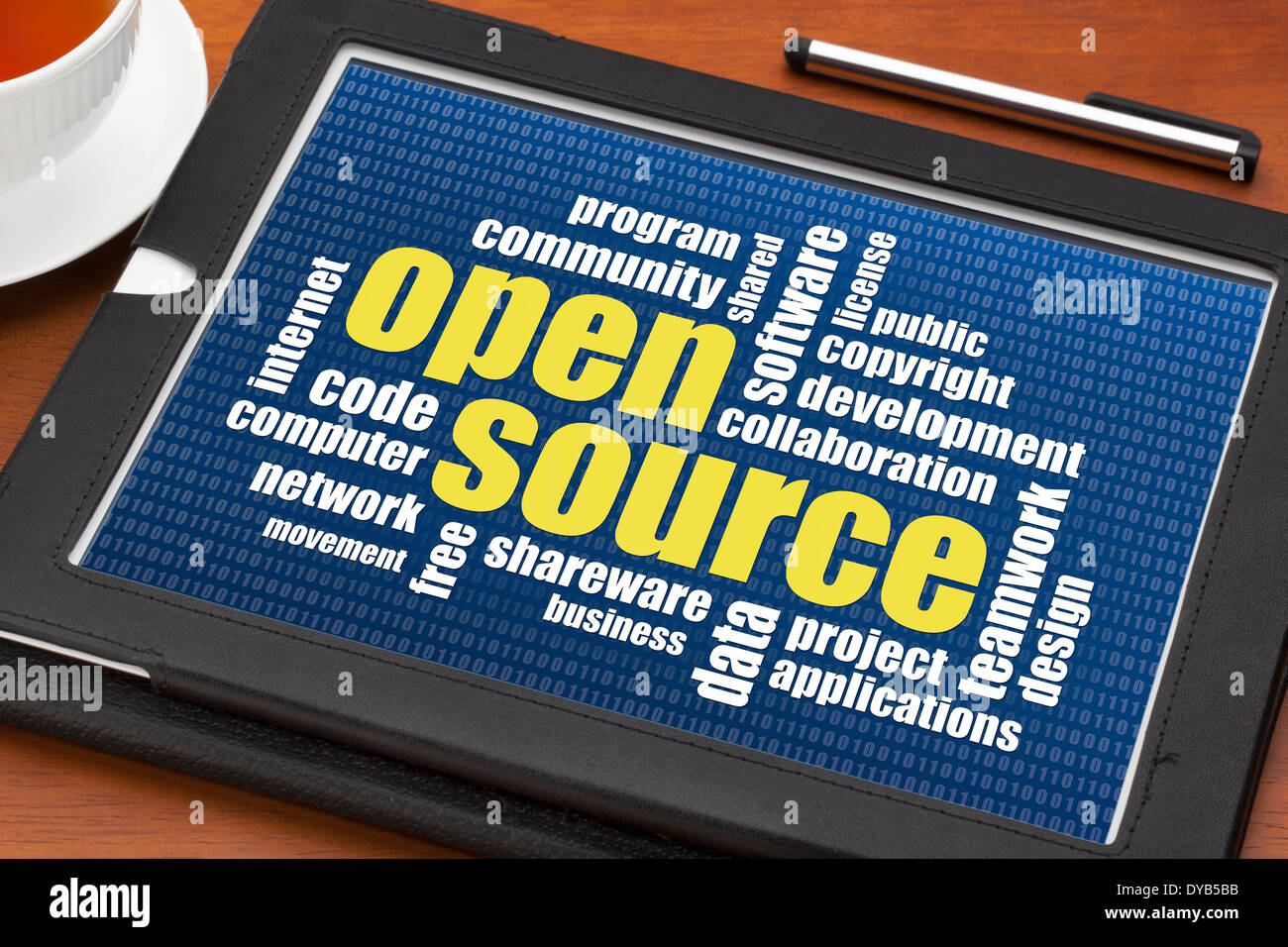 computer software development concept - open source word cloud on a digital tablet Stock Photo