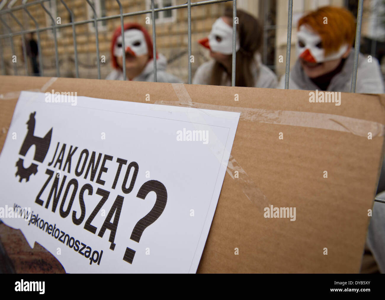 Warsaw, Poland. 12th Apr, 2014. activists from “Open cages” organization protests against poultry battery cages farming on 12th April in Warsaw. Four people were locked in cage for 24 hours. Stock Photo