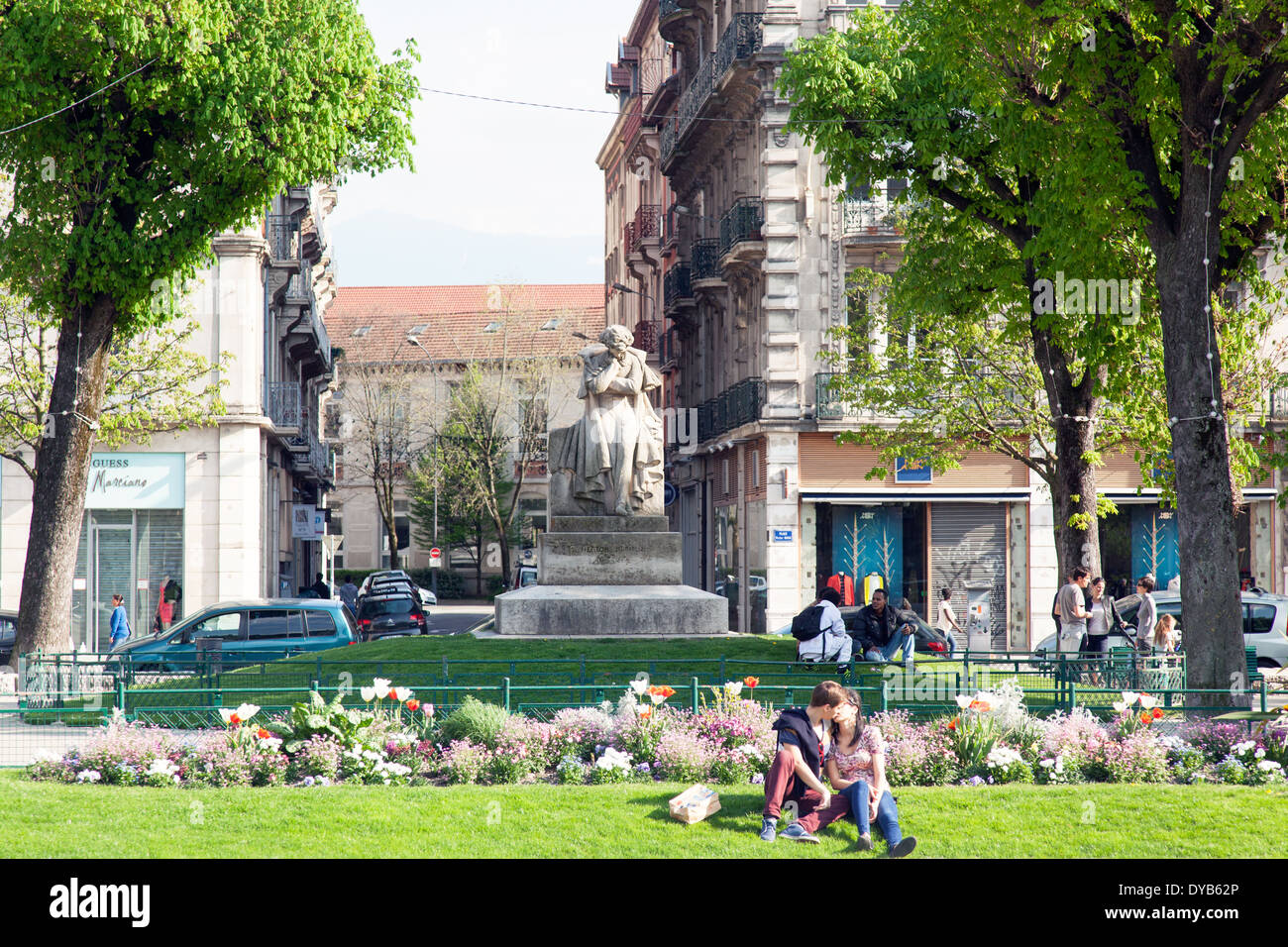 Couple Kissing In Victor Hugo Square Grenoble France Stock Photo