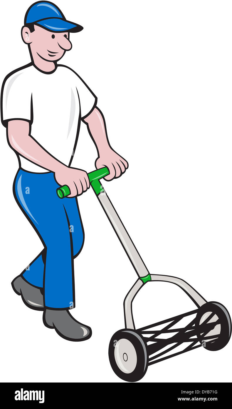 Illustration of male gardener mowing with manual lawn cylinder reel mower facing front done in cartoon style on isolated white background. Stock Photo