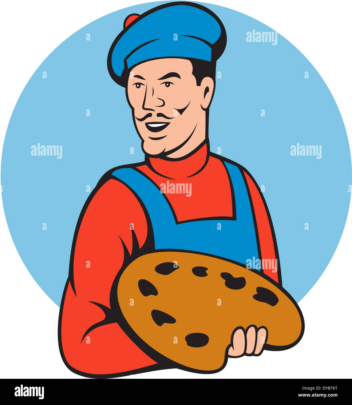 illustration of a fine artist painter wearing beret holding paint palette set inside circle on isolated background done in cartoon style. Stock Photo