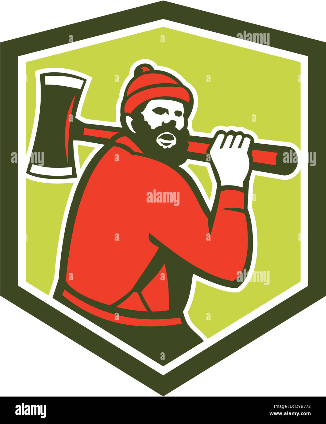 Illustration of Paul Bunyan a lumberjack sawyer forest worker carrying an axe set inside shield crest shape done in retro style Stock Photo