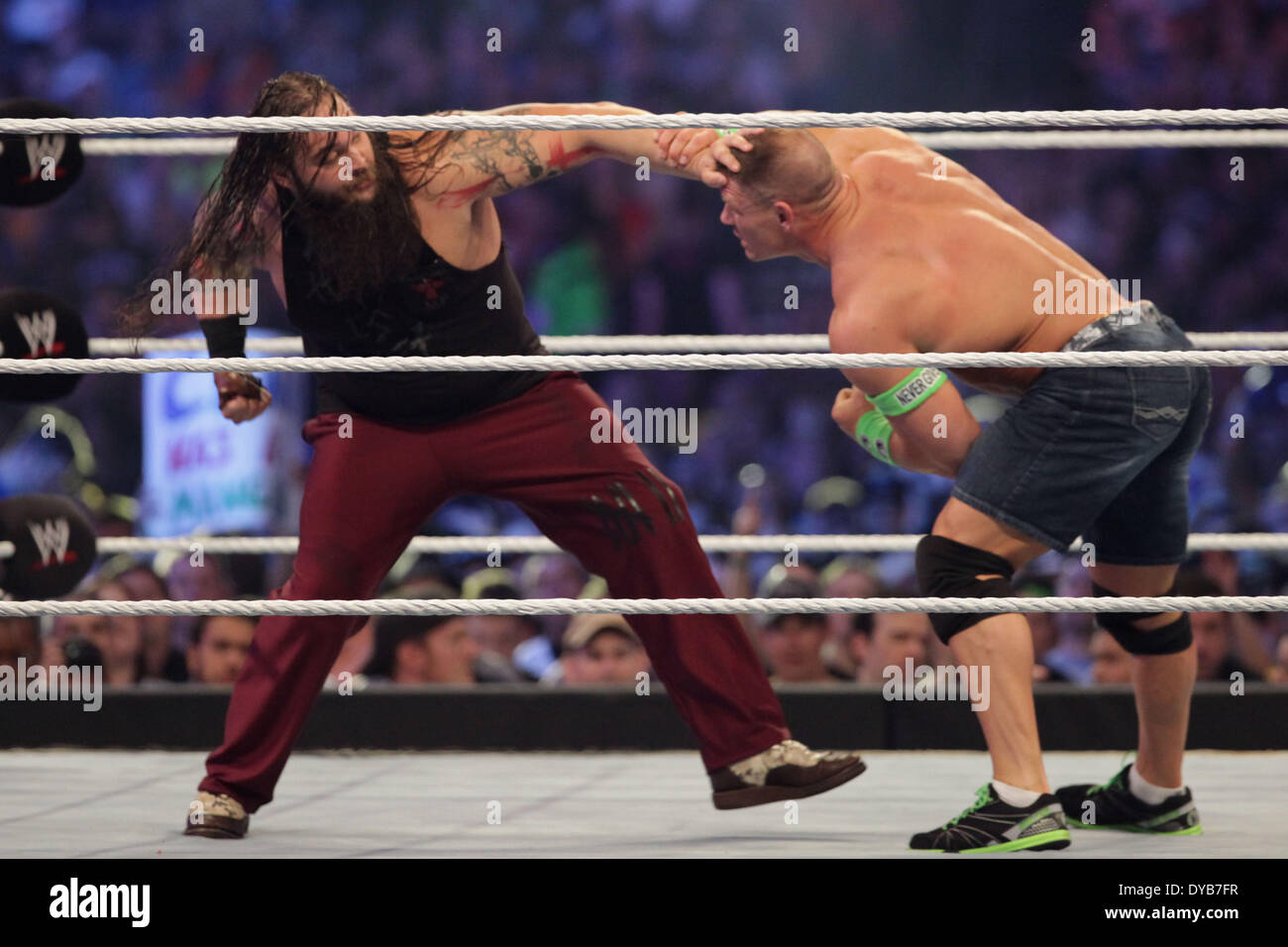 New Orleans, Louisiana, USA. 6th Apr, 2014. BRAY WYATT punches JOHN CENA  during Wrestlemania 30 at the BMW Super Dome. © Matt Roberts/ZUMA  Wire/ZUMAPRESS.com/Alamy Live News Stock Photo - Alamy, image size:1300x956