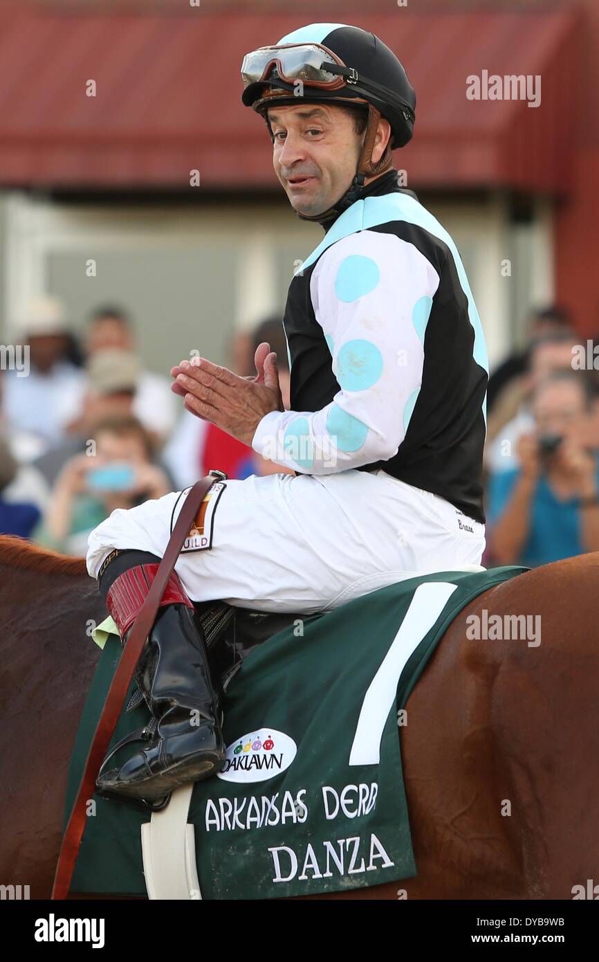 Hot Springs, AR, USA. 12th Apr, 2014. April 12, 2014: #1 Danza with jockey Joe Bravo after winning the Arkansas Derby at Oaklawn Park in Hot Springs, AR. Justin Manning/ESW/CSM/Alamy Live News Stock Photo