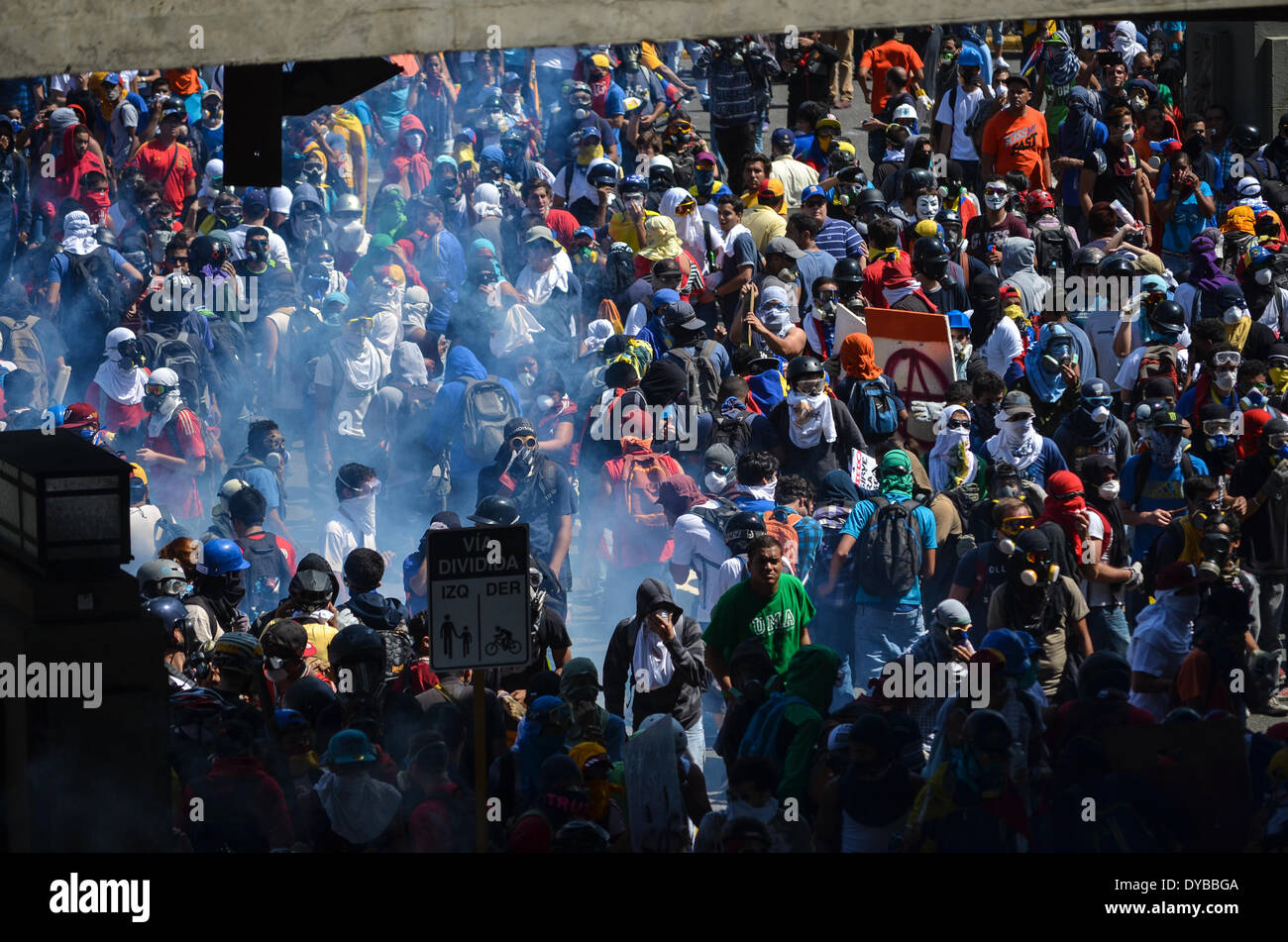 Caracas, Venezuela. 12th Apr, 2014. Demonstrators take part in an anti-government protest in Las Mercedes, Caracas, Venezuela, on April 12, 2014. Credit:  Carlos Becerra/Xinhua/Alamy Live News Stock Photo