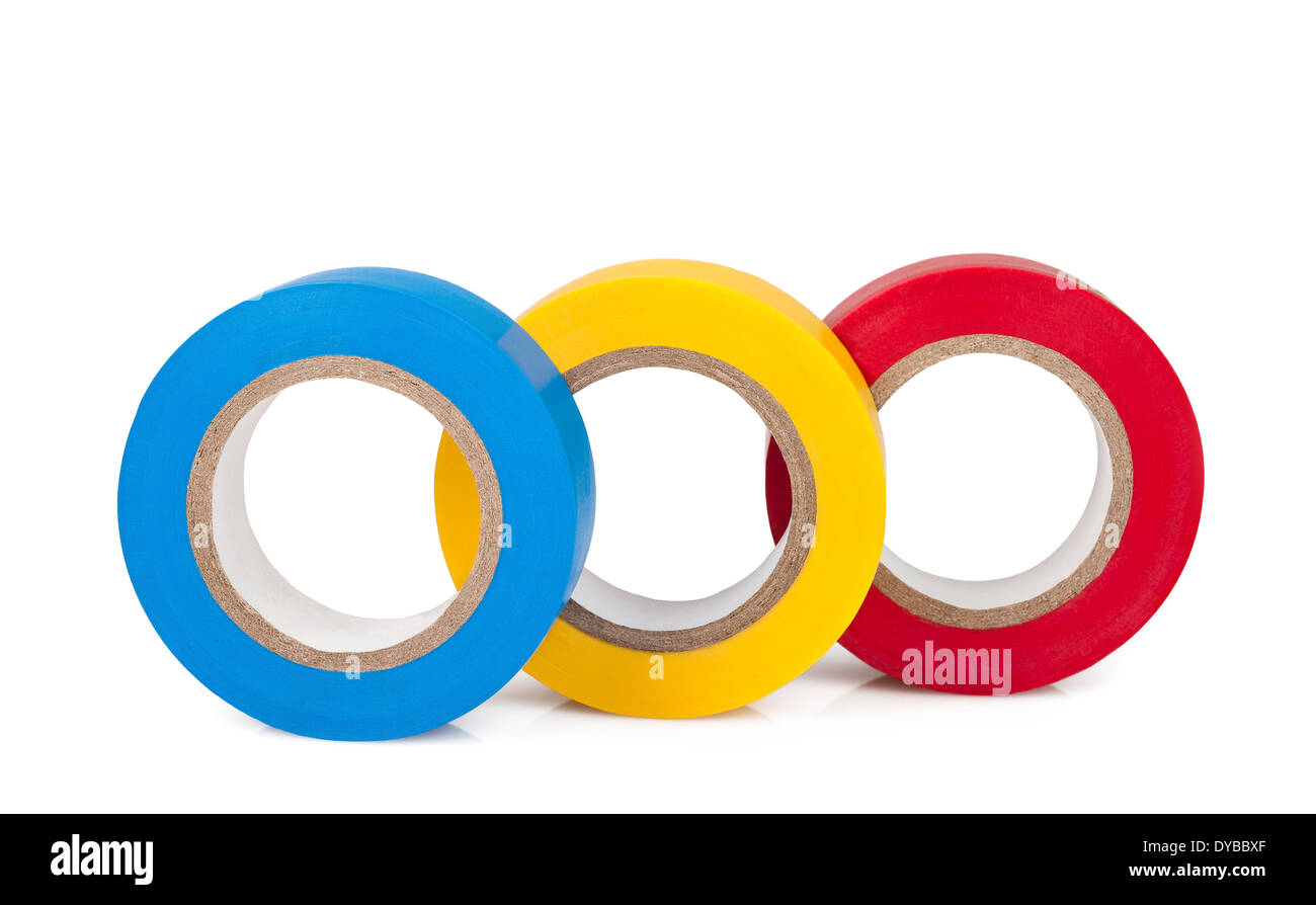 Multicolored insulating tapes roll isolated on white background Stock Photo