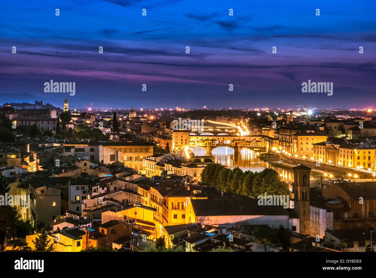 Florence, Italy - skyline view over Arno river and Ponte Vecchio Stock Photo