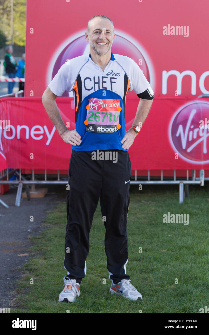London, UK. 13th Apr, 2014.  Michelin-Star celebrity chef Michel Roux Jr. Celebrities pose at a photocall at the Green Start before the VIrgin London Marathon 2014. For 2014, more than 36,000 participants will race in the marathon, with most of them raising money for charity. Credit:  Nick Savage/Alamy Live News Stock Photo