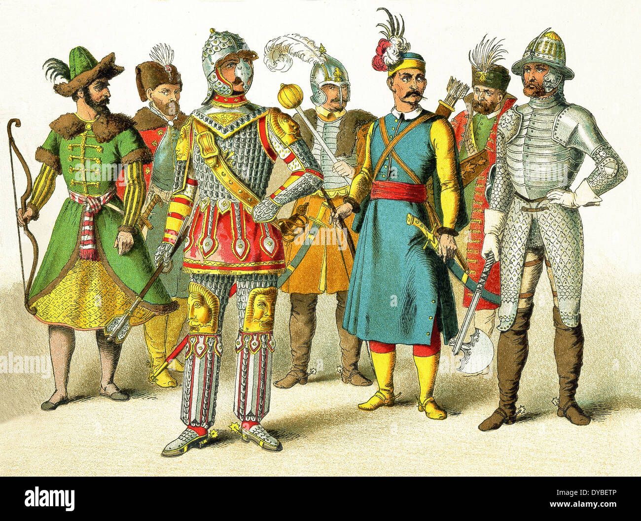 Here are Russian warrior, Polish king, Polish chief, Hungarian chief, Hungarian warrior, Hungarian prince, Hungarian warrior. Stock Photo