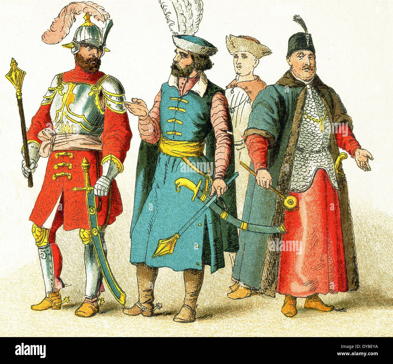 The figures represent, from left to right: two Hungarian chiefs, a Hungarian prince, and a Polish grandee. Stock Photo