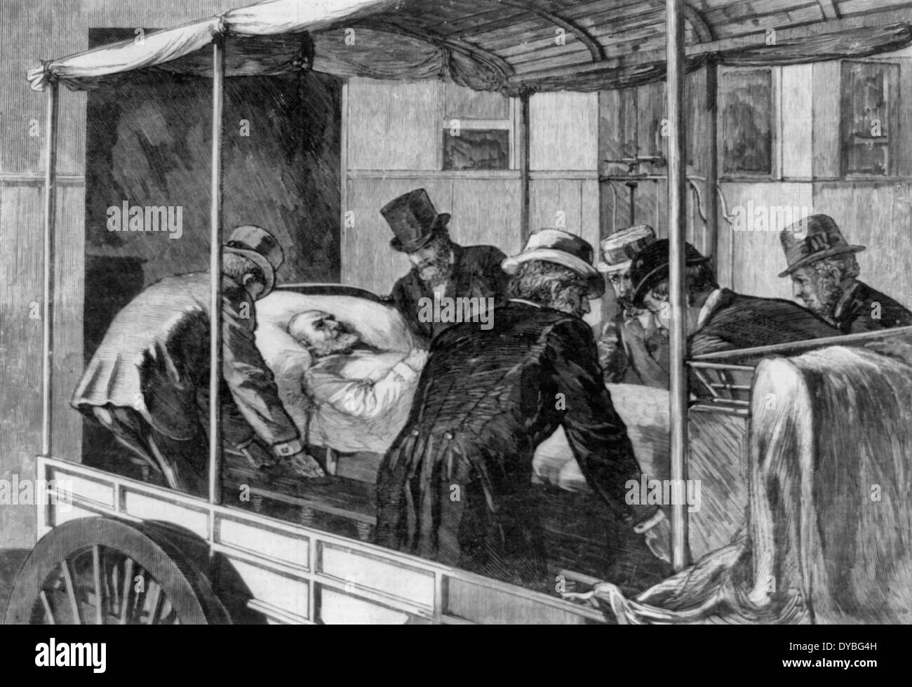 Removing the President from the Express Wagon to the Railway Car - From Washington to Elberon. President James Garfield after he was shot, 1881 Stock Photo