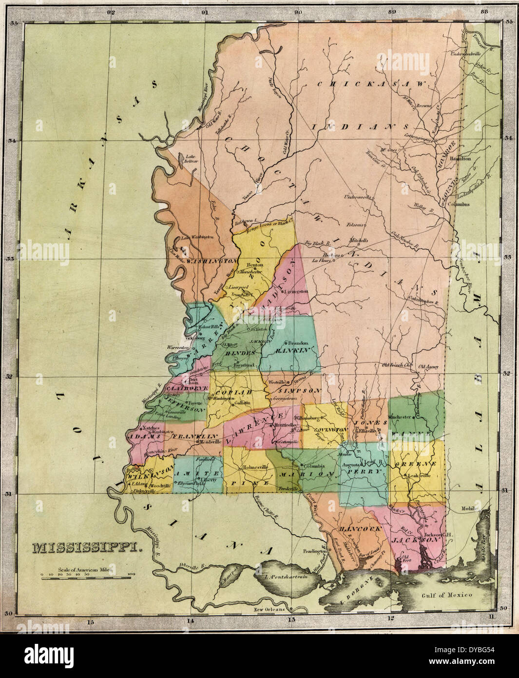 Map of Mississippi 1835 Stock Photo