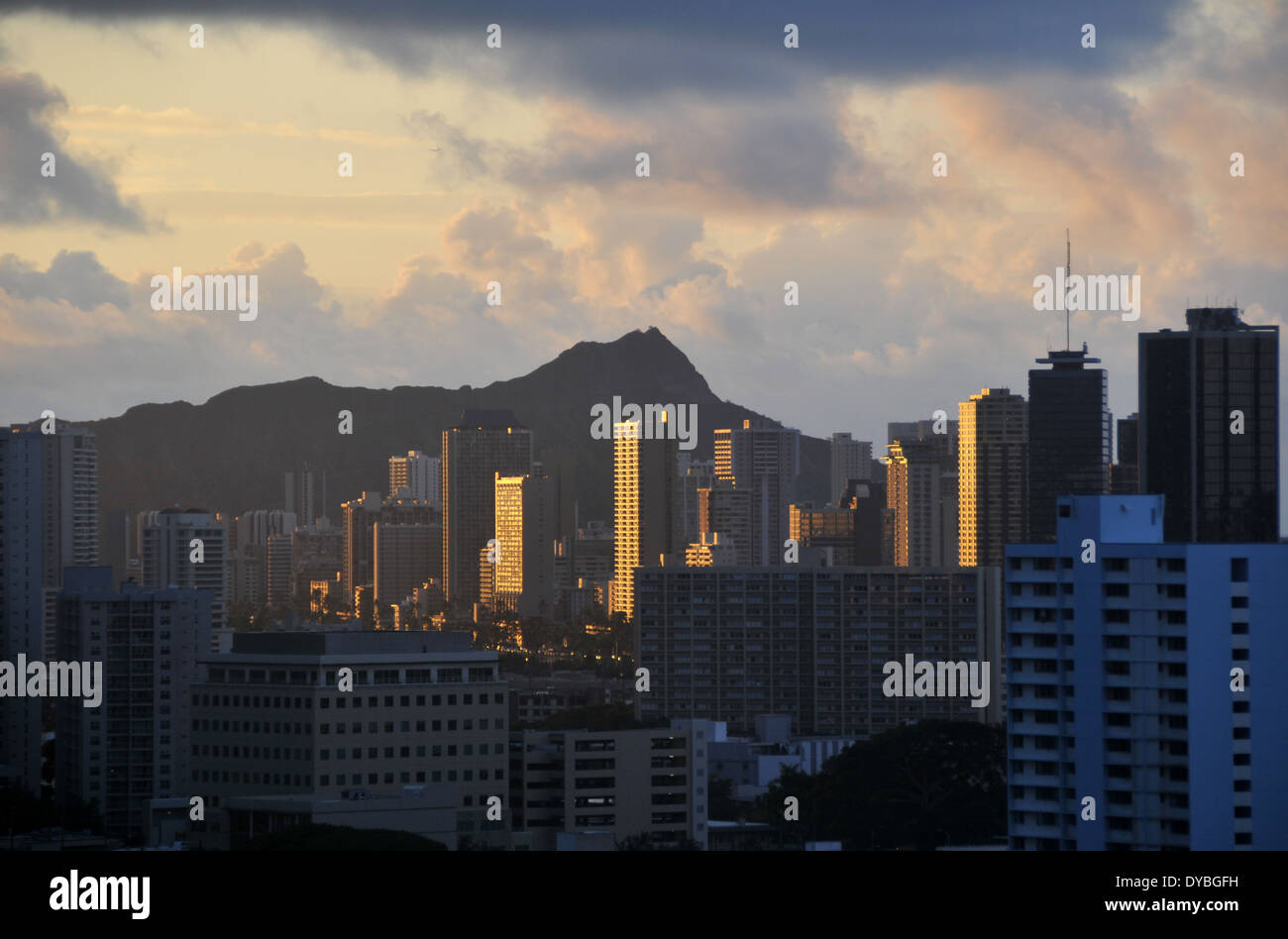 Diamond Head Crater viewed from downtown Honolulu at sunrise, Oahu
