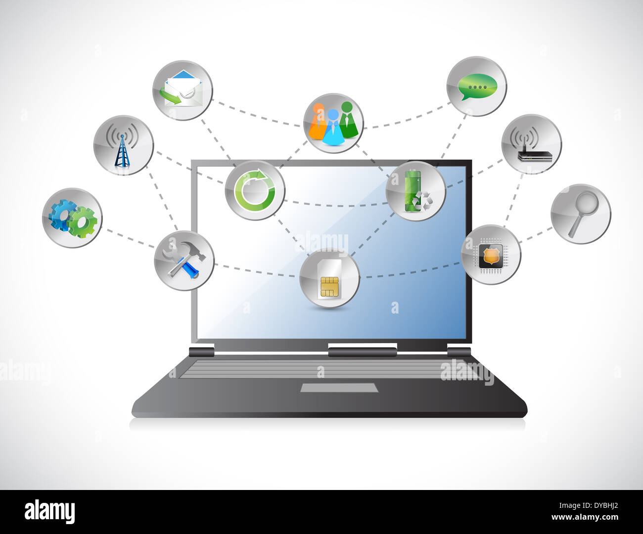 laptop cloud of colorful application icons isolated on white background ...