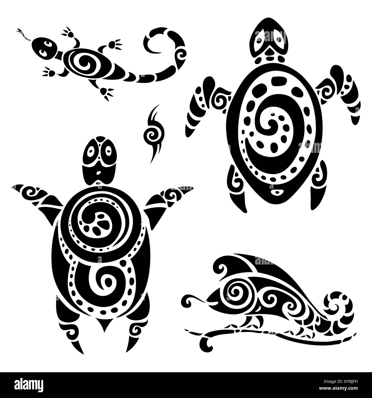 Turtle. Tribal tattoo set. Stock Photo