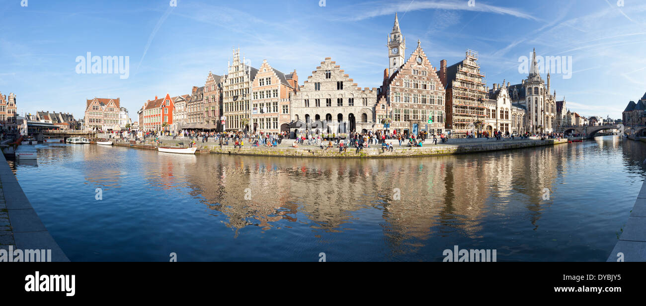 The famous canal with Graslei in Ghent, Belgium. Stock Photo