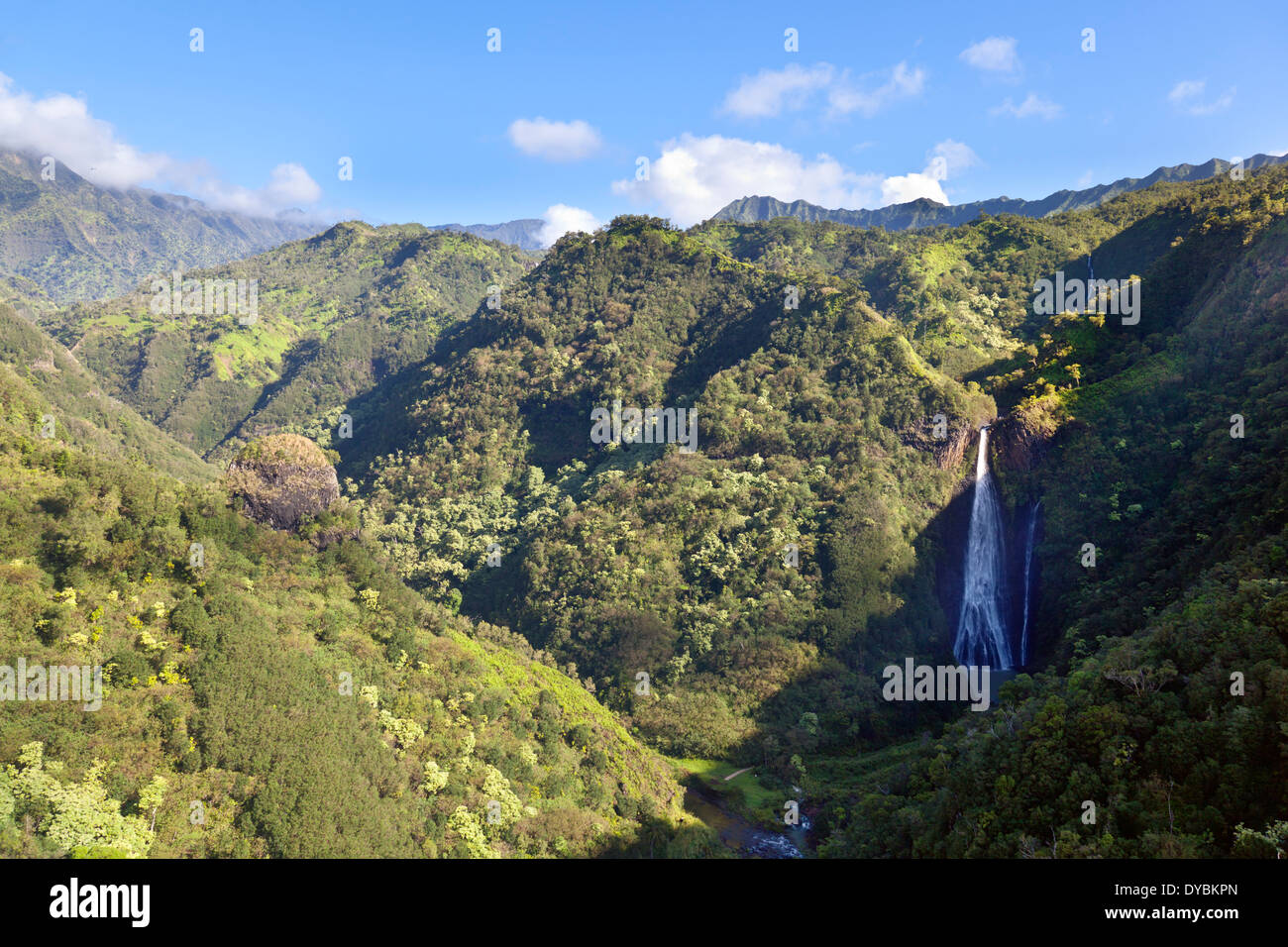 Stunning green rainforest landscape in the center of Kauai, Hawaii. Aerial shot from helicopter. Stock Photo