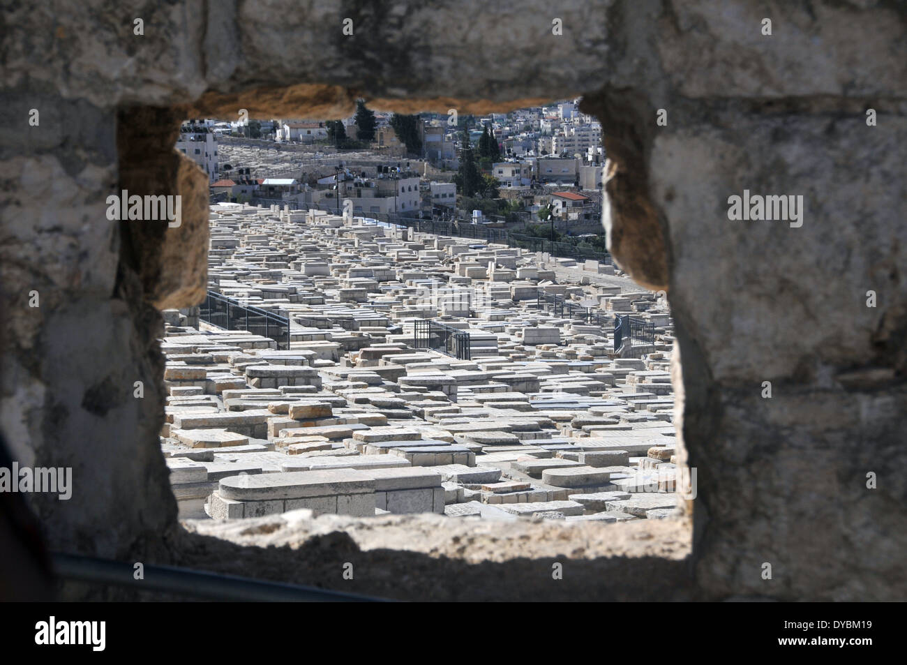 View of tombs in the Jewish cemetery of the Mount of Olives, Jerusalem, Israel Stock Photo