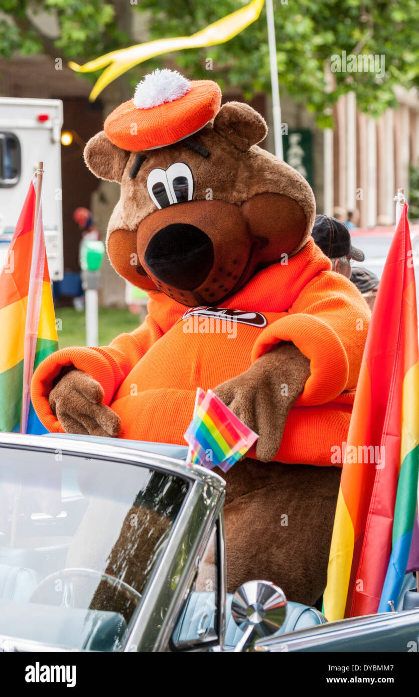 The A and W root beer bear mascot during Gay Pride parade-Victoria, British Columbia, Canada. Stock Photo