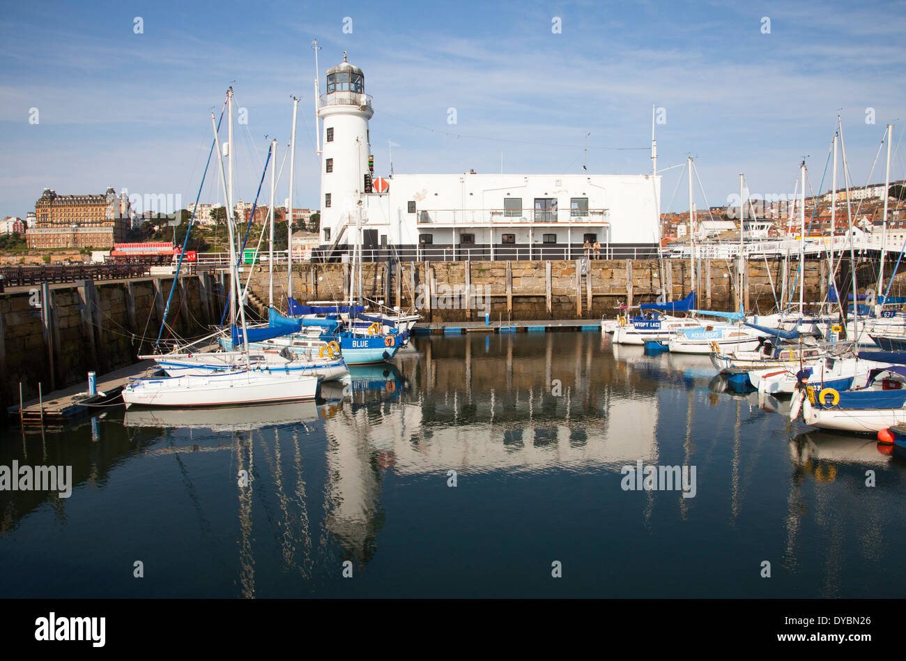 Scarborough harbour and lighthouse, Scarborough, North Yorkshire, England, U.K. Stock Photo