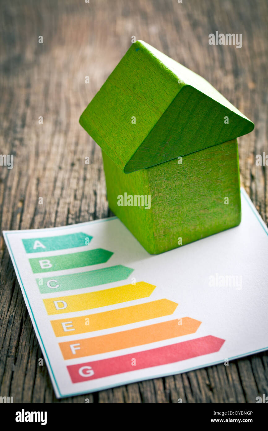 the wooden house with energy efficiency levels Stock Photo