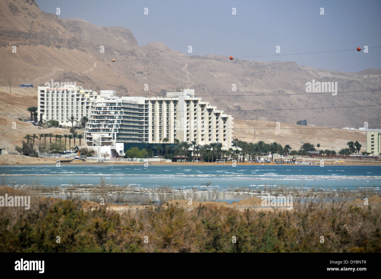 Resort and Dead Sea shoreline, Ein Bokek, Israel Stock Photo