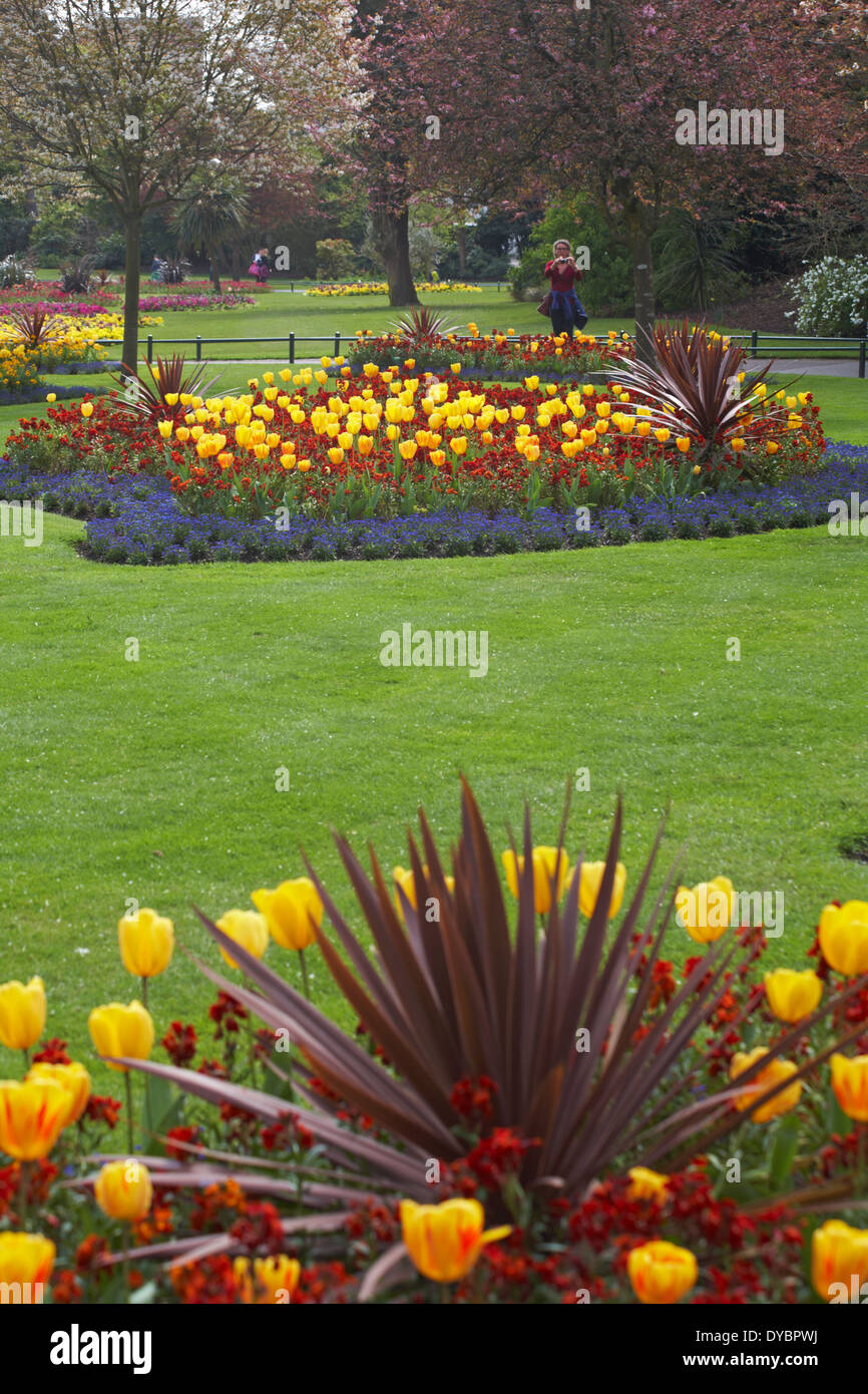 colourful Spring flower beds at Bournemouth Lower Gardens, Bournemouth