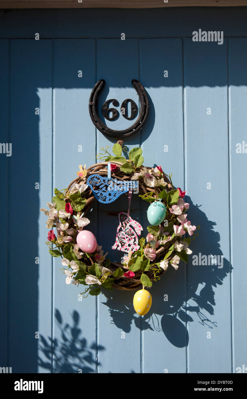 Easter Wreath on front door Stock Photo