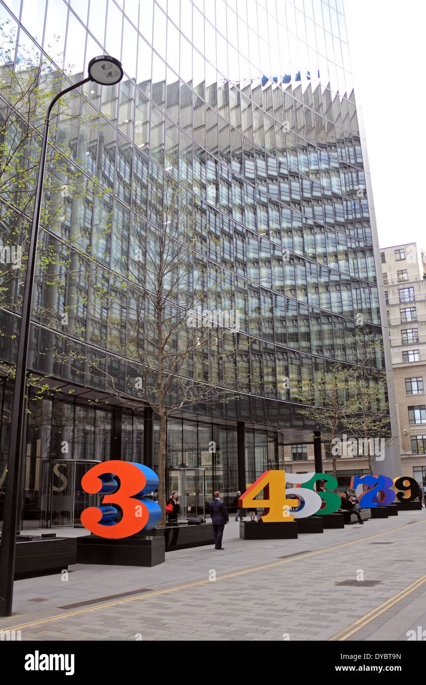 Large coloured numbers outside the Willis offices and opposite Lloyds building, Lime St, London EC3M 7HA Stock Photo