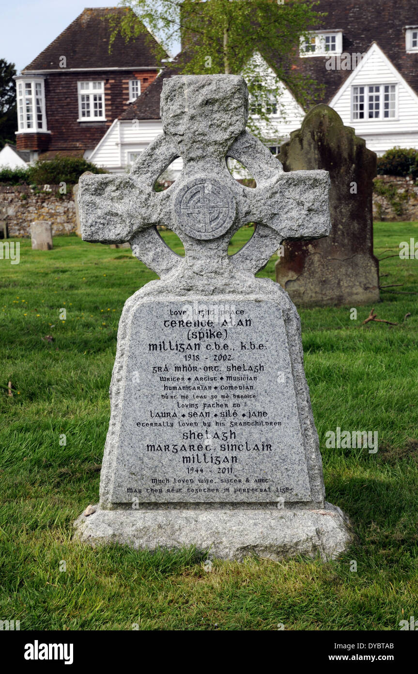 Spike Milligan's revised headstone at St Thomas's Church, Winchelsea, East Sussex. Stock Photo