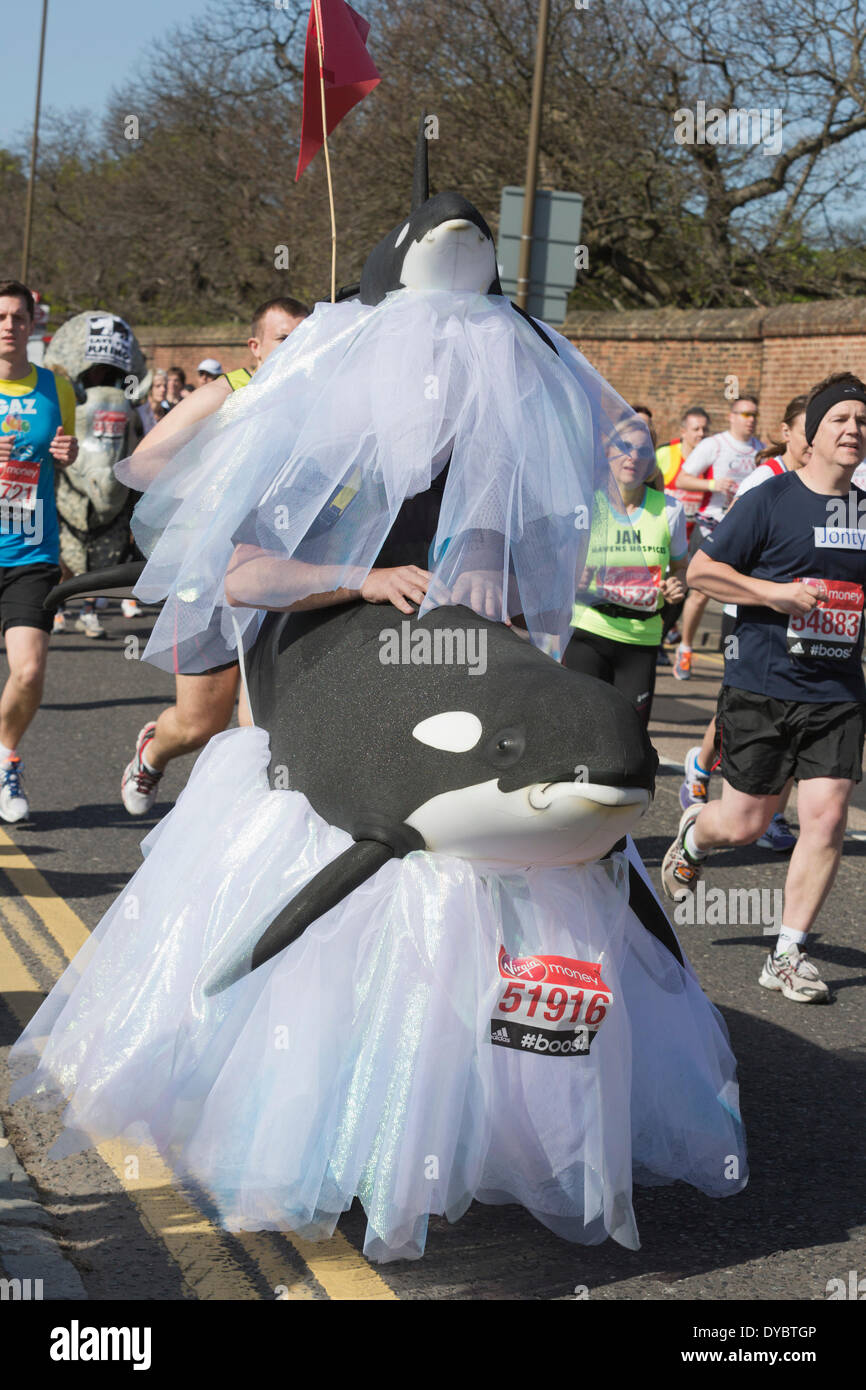 London, UK. 13 April 2014. A runner with an Orca costume. In 2014, more than 36,000 participants signed up to race in the marathon, with most of them raising money for charity. Photo: Credit:  Nick Savage/Alamy Live News Stock Photo