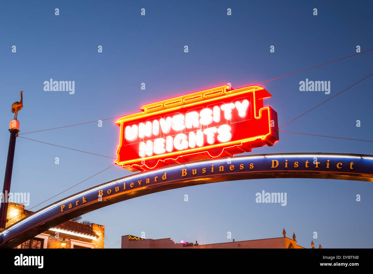 The University Heights sign photographed at night.  San Diego, California, United States. Stock Photo