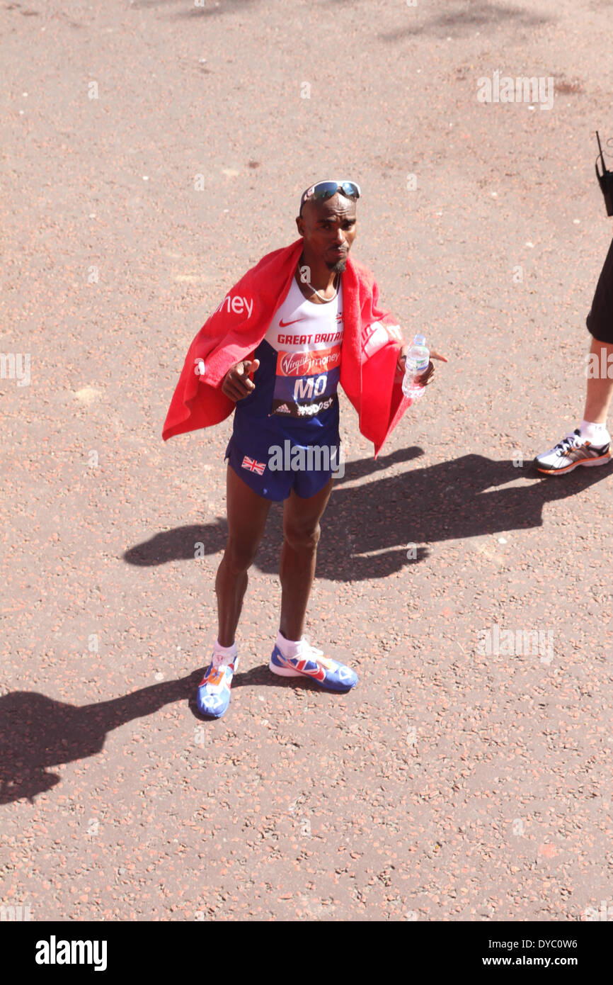 Mo Farah seen at the end of the 34th London Marathon on his debut 23 mile marathon. Photo: David Mbiyu Stock Photo