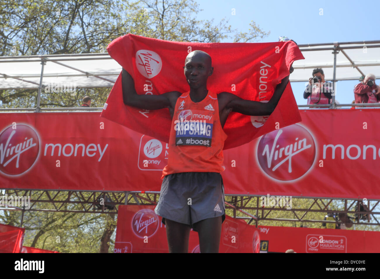London, UK. 13th Apr, 2014. Kenyan Kipsang seen a the finish line after wining the 34th Virgin Money London Marathon. Credit:  David Mbiyu/Alamy Live News Stock Photo