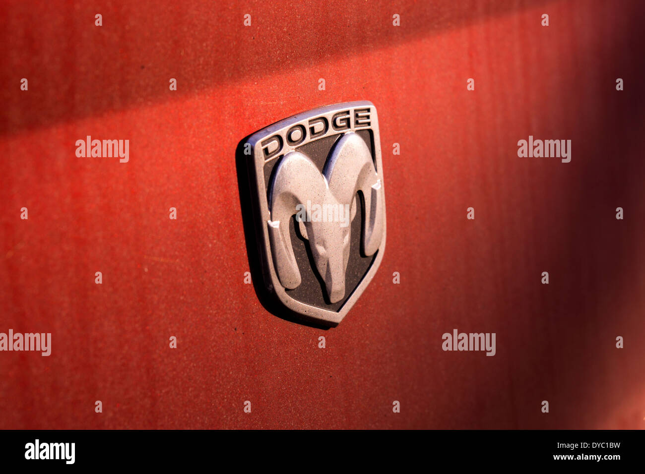 DODGE AMERICAN MUSCLE CAR LOGO, RED AMBER COLOR DRY DIRT STRIPING THE PAINT Stock Photo